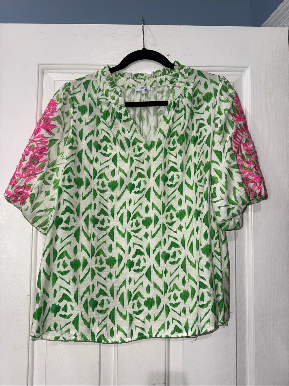 Violeta by Mango Green Patterned V-Neck Blouse with Pink Sleeves